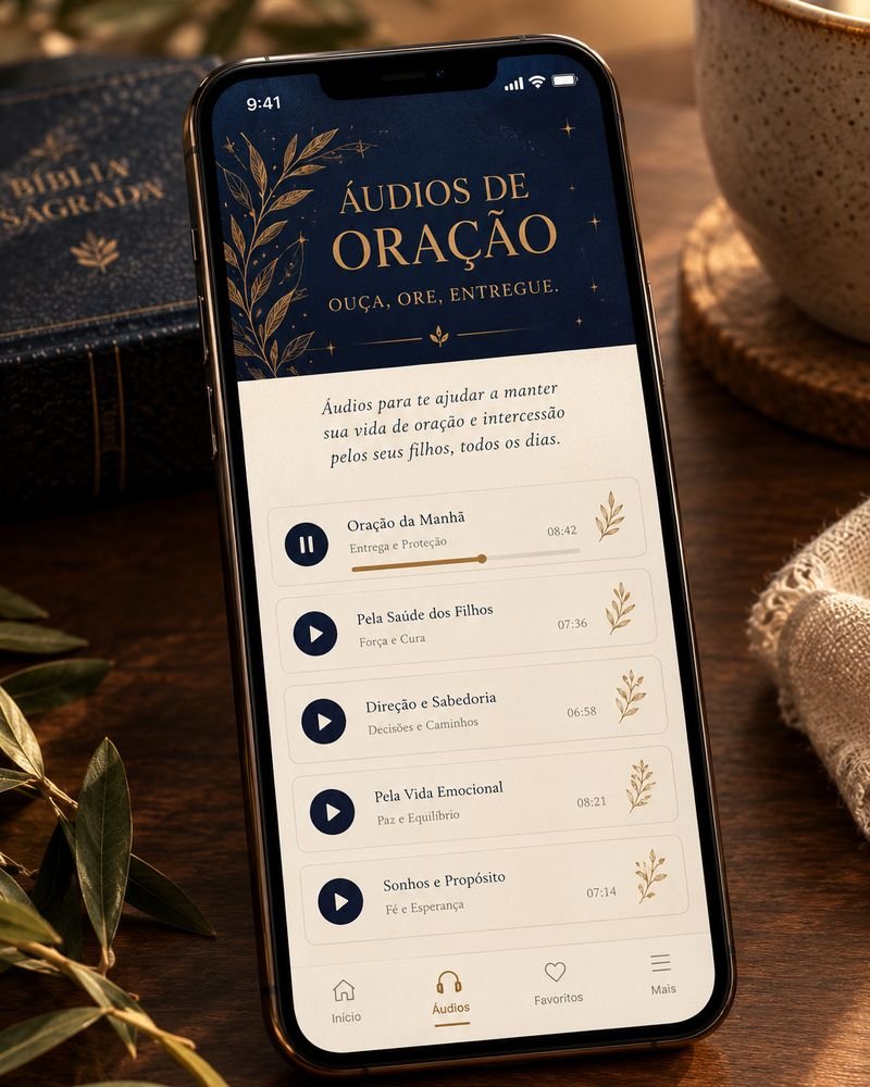 Celular mostrando a lista dos Áudios de Oração, com orações para ouvir durante o dia