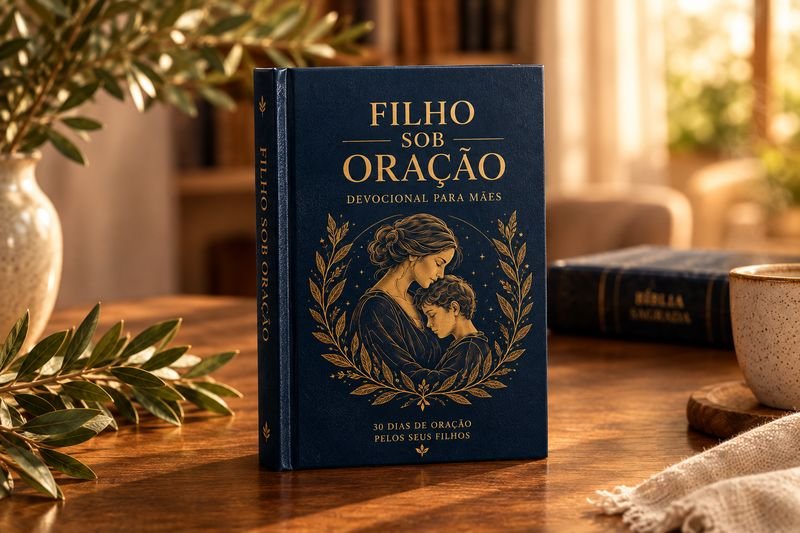 Plano principal: o devocional Filho Sob Oração, com capa azul-marinho e ilustração de mãe e filho em dourado